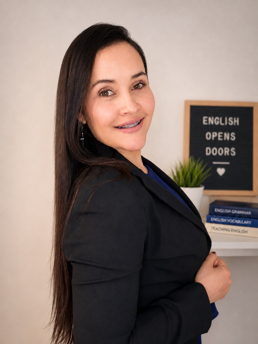 Lisbeth Dugarte, profesora de inglés y español, junto a un cartel que dice «English opens doors»